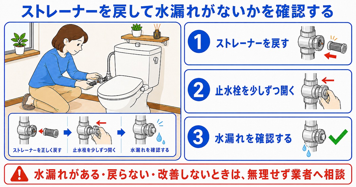 ストレーナーを戻して水漏れがないかを確認する