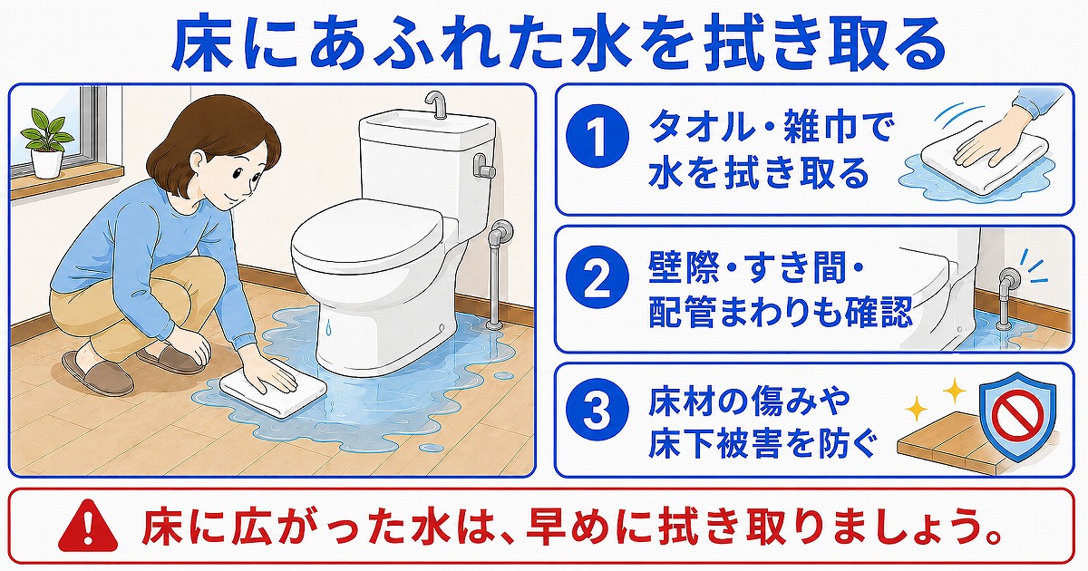 床にあふれた水を拭き取る