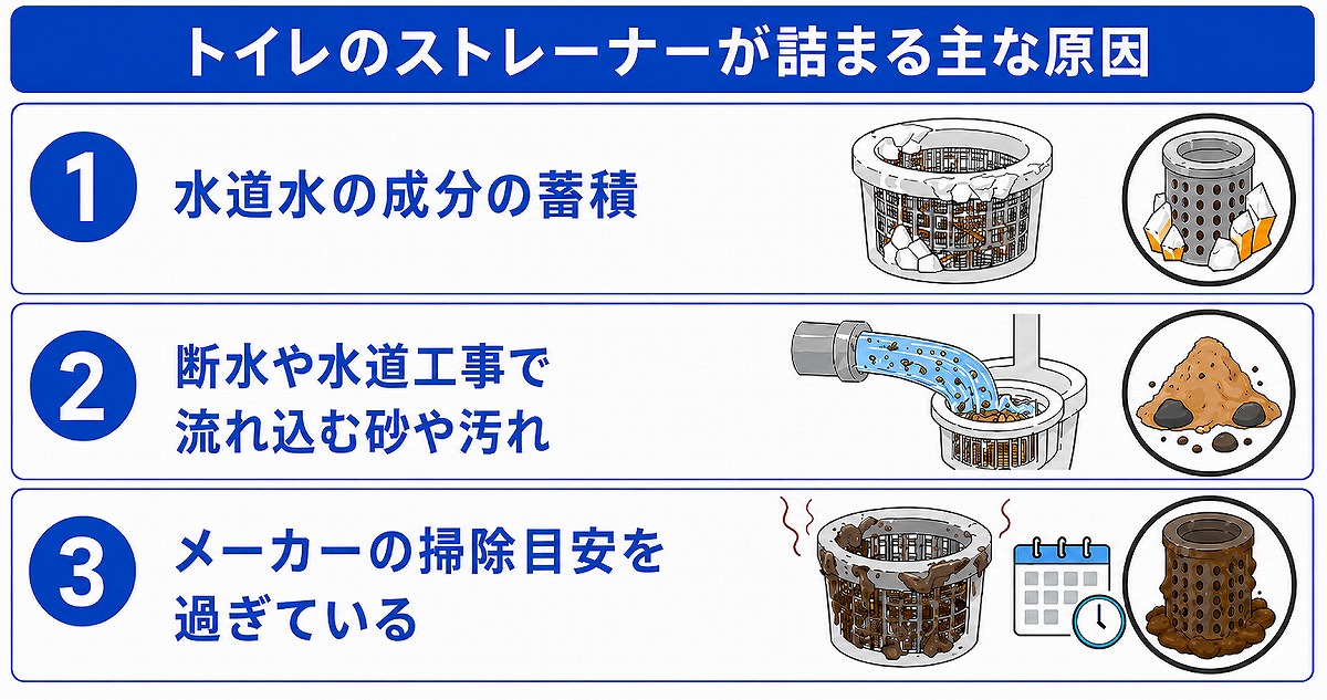 トイレのストレーナーが詰まる主な原因