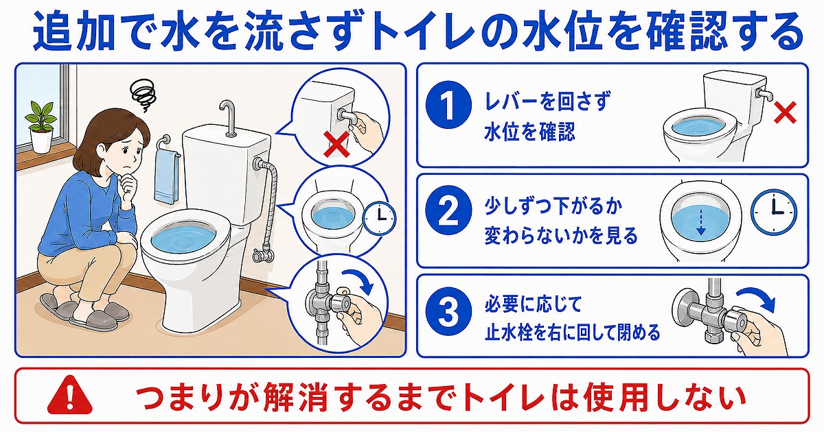 追加で水を流さずトイレの水位を確認する