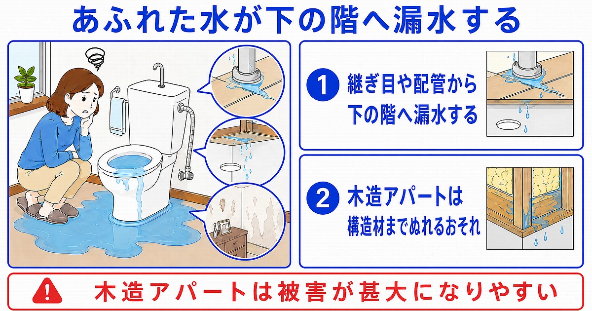 あふれた水が下の階へ漏水する