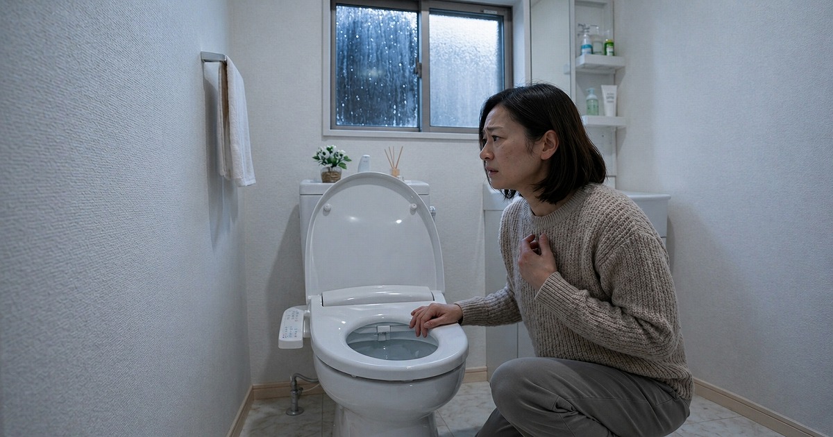 大雨時にトイレが流れず困っている女性