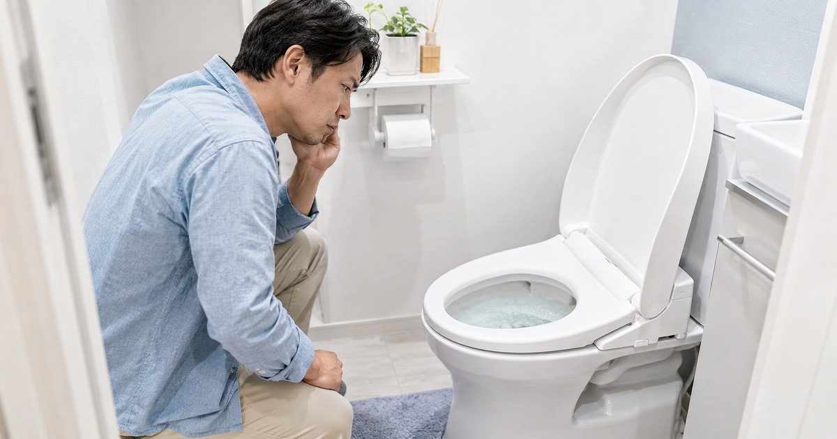 マンションでトイレの流れが悪い原因を調べている男