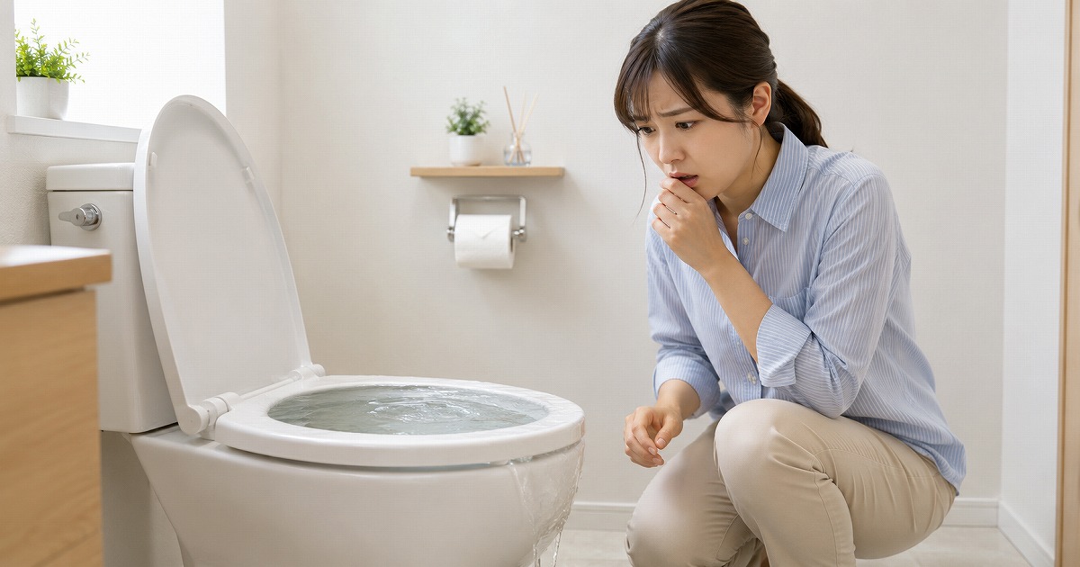 トイレの水があふれて困る女性